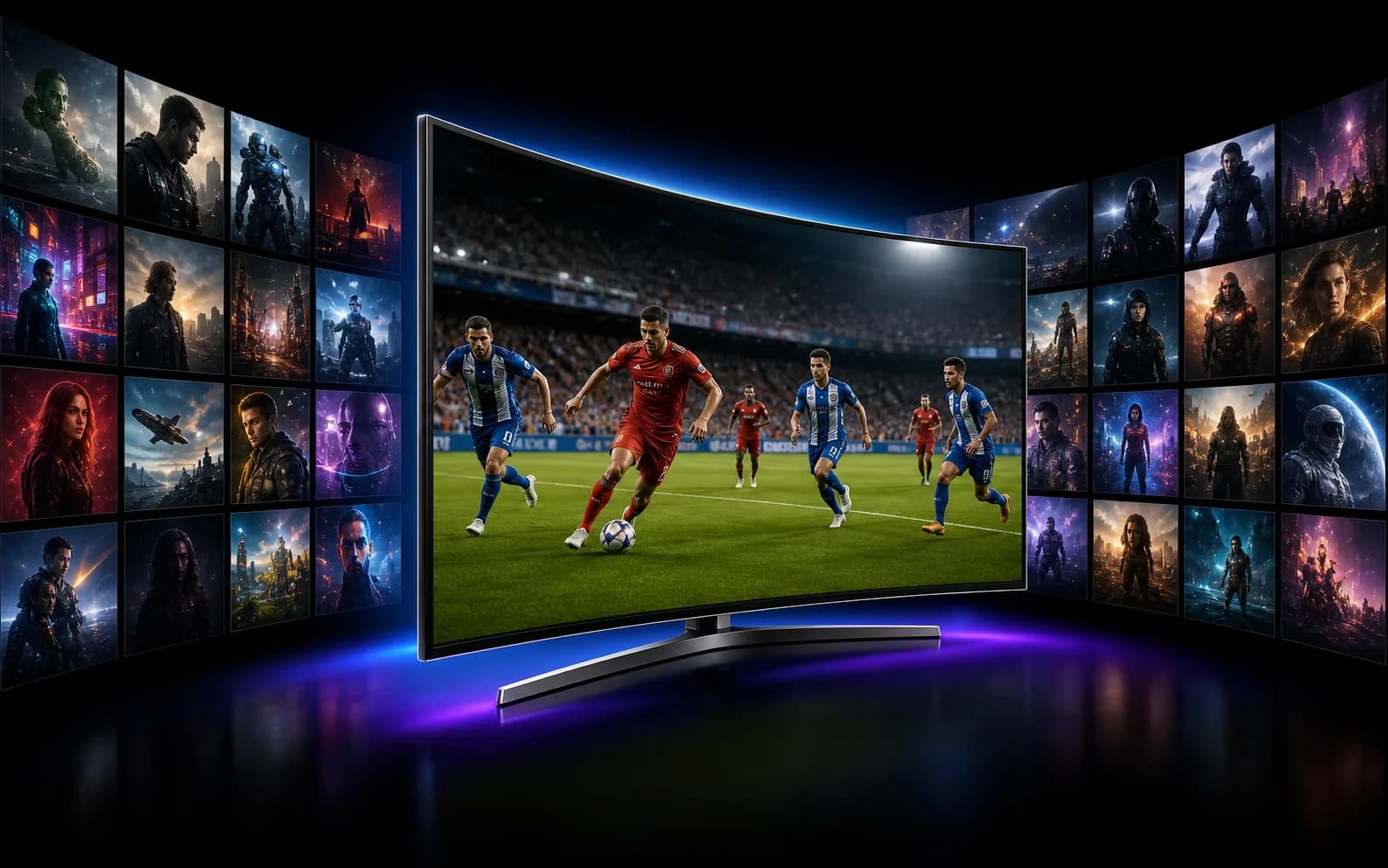 IPTV sur une Smart TV incurvée entourée de films et de séries